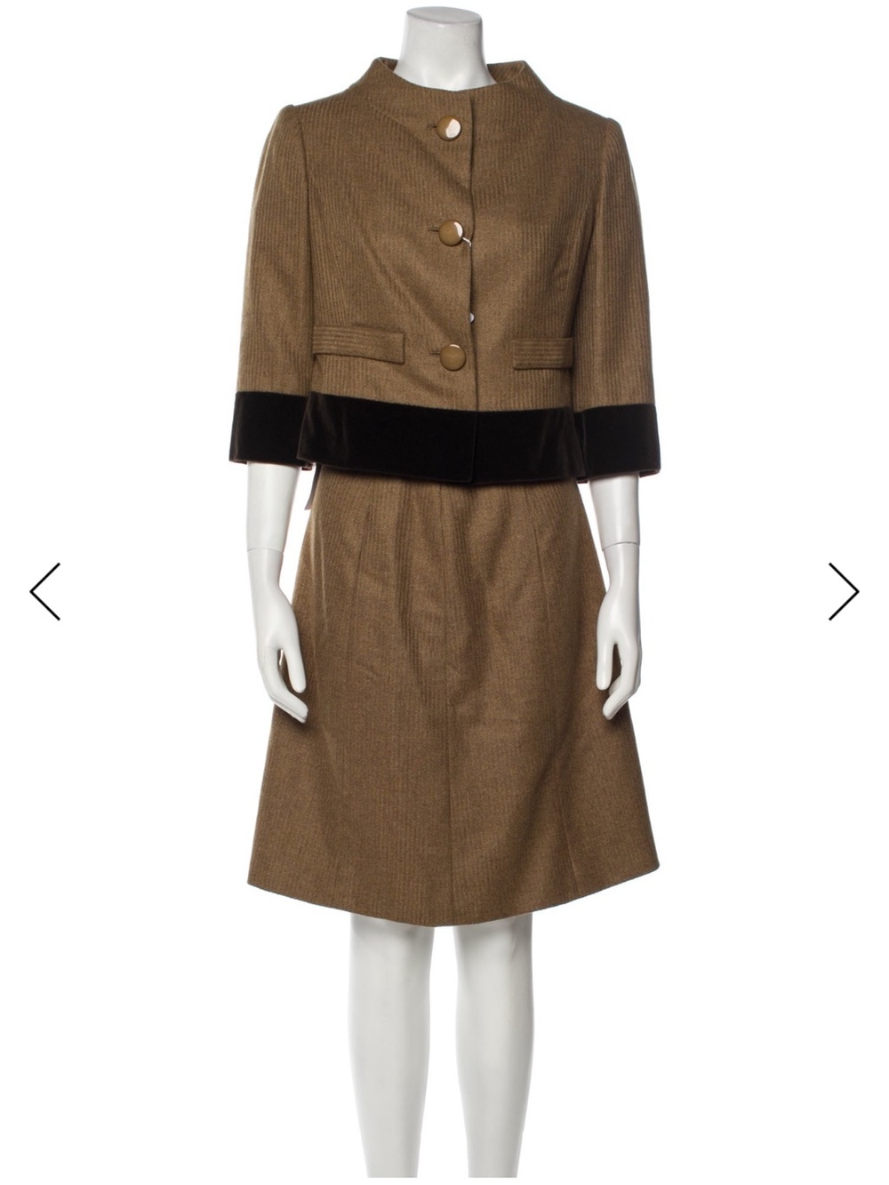 Vintage Valentino Couture Two-Piece Brown Wool Dress Set with Black Velvet Trim